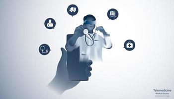 abstrakt hälsa består läkare vitt nät med stetoskop och vr glasögon och hand som håller en telefon digital teknik koncept telemedicin online läkare modern medicinsk teknik, behandling, medicin vektor