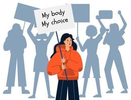 ein junges mädchen in einem hoodie hält ein schild mit den worten my body my choice. Silhouetten von Demonstranten. Aktivistin für Abtreibungsrechte. Protest gegen das Abtreibungsverbot. für Frauenrechte kämpfen. Vektor