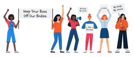 unga flickor håller affischer och skyltar i sina händer. pro-choice kvinnor protestaktivister. kvinnors kamp för aborträttigheter. kvinnlig protestmarsch mot abortförbud. vektor illustration