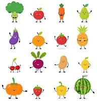 Reihe von farbenfrohen Bildern von niedlichem Cartoon-Gemüse und Obst. Vektor isolierte Elemente auf weißem Hintergrund mit verschiedenen Posen und Emotionen. konzept für lebensmittelzeichentrickfiguren.