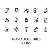 reise-toilettenartikel-symbole gesetzt. Reise-Toilettenartikel-Packsymbol-Vektorelemente für Infografik-Web vektor