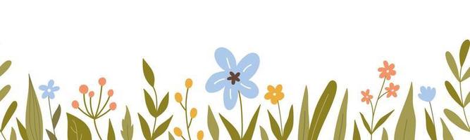 nahtlose horizontale grenze mit niedlichen blumen und blättern. botanischer Hintergrund. Perfekt für Dekorationen, Grußkarten, Bannerdesigns. vektorillustration im handgezeichneten flachen stil. vektor