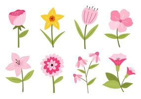 Reihe von verschiedenen niedlichen Blumen isoliert auf weißem Hintergrund. vektorillustration im handgezeichneten flachen stil. Perfekt für Karten, Logos, Dekorationen, Frühlings- und Sommerdesigns. botanische Cliparts. vektor