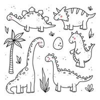 uppsättning av söta roliga dinosaurier och växter isolerad på vit bakgrund. vektor handritade illustration i doodle stil. perfekt för kort, logotyp, dekorationer. seriefigurer, djurungar.