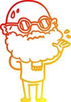 warme Gradientenlinie Zeichnung Cartoon besorgter Mann mit Bart und Brille vektor