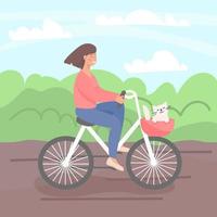 glückliche frau, die mit ihrer katze fahrrad fährt. glückliche frau, die ihre zeit mit ihrem haustier genießt. Vektor-Illustration. vektor