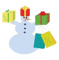 Schneemann mit bunten Geschenkboxen und Taschen mit Schild. das konzept der winterwerbehefte, visitenkarten usw. vektor illustratiweihnachten und neujahrsverkäufe. entworfen für Banner, Poster