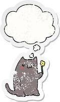 niedliche Cartoon-Katze und Gedankenblase als beunruhigter, abgenutzter Aufkleber vektor