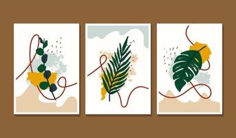 Set aus 3 minimalistischen Wandkunstpostern mit Palmblättern und abstrakten Formenelementen vektor