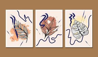 Set aus 3 Linienkunst-Wandpostern mit Monstera-Blatt und Farbspritzer-Element vektor