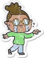 Distressed-Sticker einer weinenden Cartoon-Frau mit Brille vektor