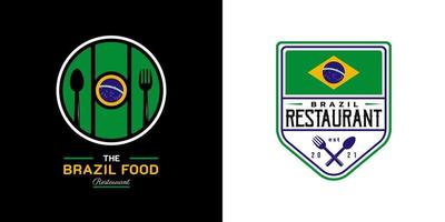 brasilien essen restaurant logo. brasilien-flaggensymbol mit löffel- und gabelikonen. Premium- und Luxus-Logo vektor