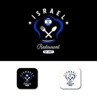 israel essen restaurant logo. Israel-Flaggensymbol mit Symbolen für Löffel, Gabel und Kochmütze. Premium- und Luxus-Logo vektor