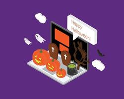 Happy Halloween Day Banner mit Nachtthema Kürbis mit isometrischem Laptop vektor