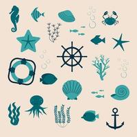 en uppsättning med marint tema. fisk, krabba, bläckfisk, alger, sjöstjärnor. monokrom uppsättning. tecknad vektorillustration. vektor