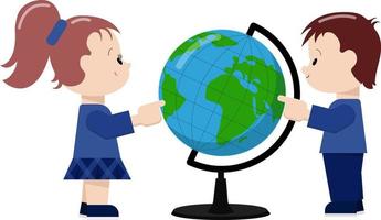 ein Junge und ein Mädchen sind Schulkinder. der Globus. Freundschaft. Schule. Freundschaft. Cartoon-Vektor-Illustration. vektor