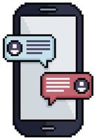 pixel art mobiltelefon med meddelande chatt vektor ikon för 8-bitars spel på vit bakgrund