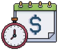 pixel art investeringsvaraktighet. kalender och stoppur vektor ikon för 8-bitars spel på vit bakgrund
