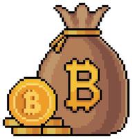 pixelkonstpåse med bitcoin och kryptovalutor. vektor ikon för 8-bitars spel på vit bakgrund.