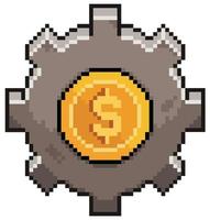 Pixel Art Money Gear. Münzzahnrad-Vektorsymbol für 8-Bit-Spiel auf weißem Hintergrund vektor