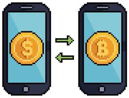 pixel art köp bitcoin på mobiltelefon. investeringar i kryptovalutor 8bit vektor på vit bakgrund