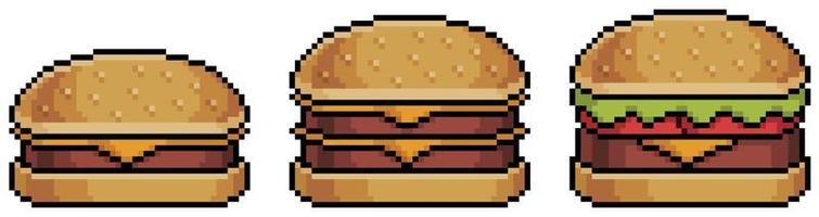 Pixel-Art-Hamburger-Menü, Cheeseburger, Doppel-Cheeseburger-Vektorsymbol für 8-Bit-Spiel auf weißem Hintergrund vektor