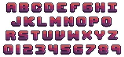 Spielschrift in Pixelkunst. Buchstaben und Zahlen im 8-Bit-Stil. Vektoralphabet in Pixel