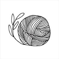 vektor illustration linjekonst. en nystan ull för stickning och plantera löv. symbol för hållbara material, stickning, virkning, hantverk, hobbyer och handarbete. minimalistisk eko-logotyp