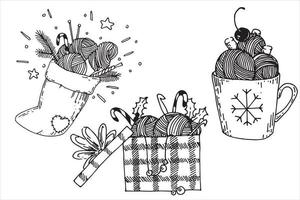 große vektorillustration zum thema weihnachts- und neujahrsstricken. weihnachtsgeschenke mit wollknäuel, stricknadeln, häkeln zum stricken. Feiertag der Handarbeit vektor