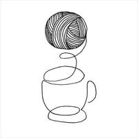 vektor illustration i doodle stil. minimalistisk stickningslogotyp. ett garnnystan och en mugg med varm dryck. symbol för höst, vinter, mysig virkning, stickning. handgjord logotyp, handarbete.