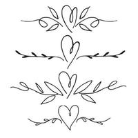 vektorritning i stil med doodle. söta textavdelare, vinjetter med hjärtan och växtblad. vintage avdelare, bokstäver, kalligrafi. vektor