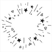 abstrakt vektorritning i doodle stil. explosion i en cirkel, fyrverkerier, festliga fyrverkerier. stjärnor, confit och streamer. rund ram vektor