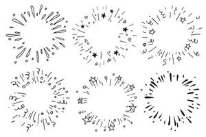 Vektorzeichnung im Stil von Doodle. Reihe von Explosionen, Feuerwerk. festliches feuerwerk mit sternen und luftschlangen vektor