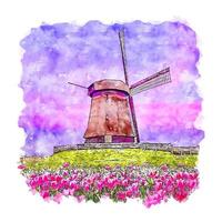 väderkvarn nederländerna akvarell skiss handritad illustration vektor