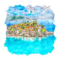 sveti stefan montenegro akvarell skiss handritad illustration vektor