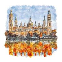 zaragoza spanien aquarellskizze handgezeichnete illustration vektor