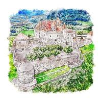 schloss gruyeres schweiz aquarellskizze handgezeichnete illustration vektor