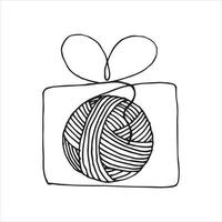 Vektorillustration im Doodle-Stil. ein Wollknäuel in einer Geschenkbox. einfaches Zeichnen eines Wollknäuels zum Stricken, Häkeln. garnladensymbol, handwerk, handarbeit. Urlaubsgeschenk vektor