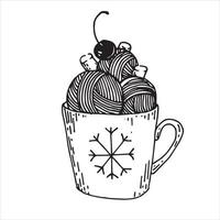 Vektorzeichnung im Stil von Doodle. süße weihnachtsillustration, mit kugeln aus wollfäden. gemütliches Malen zum Thema Stricken, Handarbeiten, Häkeln. winterdruck für weihnachten und neujahr vektor