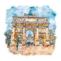 louvre museum paris frankreich aquarellskizze handgezeichnete illustration vektor