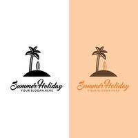 hav och sommar logotyp, ikon och illustration. sommarlogotyp på turismtema med palmer havet och inskriptionen sommarlov vektor