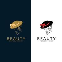 Mode- und Beauty-Logo. frau mit rosa lippen im modehut. konzept für schönheitssalon, accessoires, mode, kosmetik. vektor