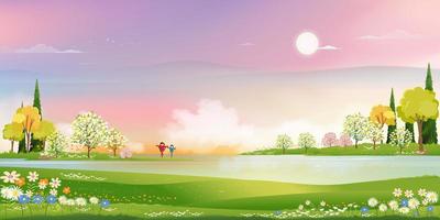 frühlingsdorf mit grünem feld am see, rosa, blauer himmel und wolken, ländliche naturlandschaft im frühling im hintergrund mit grasland, blumen und sonnenschein, vektorfrühling und sommerfahnenhintergrund vektor
