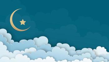 blå himmel med moln och halvmåne och stjärna, vektorillustration molnlandskapslager 3d papperssnitt, naturbakgrundsbanner för islamisk religion, eid al-adha, eid mubarak, eid al fitr, ramadan kareem vektor