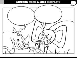 svart och vit tecknad meme mall med noshörning och elefant vektor