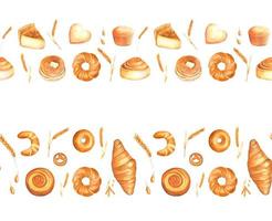 akvarell sömlösa kanter av olika typer av bakverk och bröd vektor