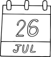 kalender hand dras i doodle stil. 26 juli. esperantodagen, datum. ikon, klistermärke element för design. planering, affärssemester vektor