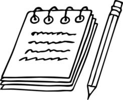 anteckningsblock på spiralringar med penna och anteckningar handritade i doodle stil. skandinavisk enkel monokrom. enda element, ikon, klistermärke. pappersvaror vektor