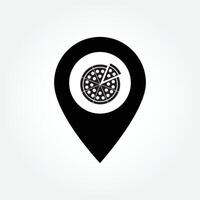 Pizza-Geo-Standort-Konzept-Vektor-Design-Vorlage. Pizza Location Plat Design Schwarz-Weiß-Cliparts. Kartenzeiger mit Fast-Food-Stück-Pizza-Symbol isoliert auf weißem Hintergrund. Pizzeria-Standortsymbol. vektor