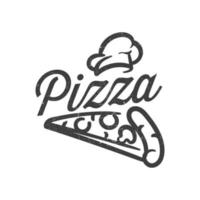 Pizzastück-Logo mit Hutkoch für Restaurant und Café, Schwarz-Weiß-Vektorillustration isoliert auf weißem Hintergrund. vektor